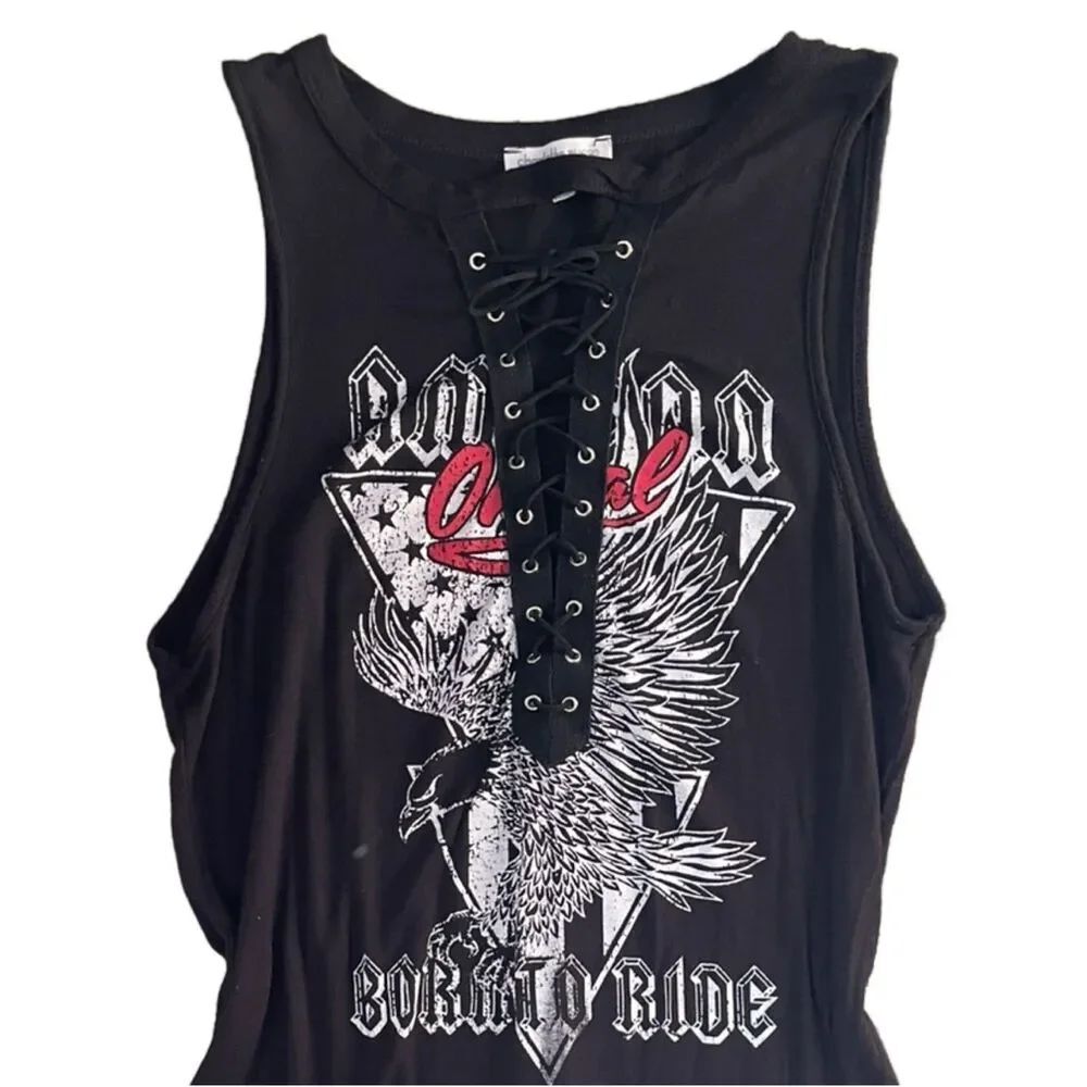Charlotte Russe Black Lace-Up Rock n’ Roll Graphic Dress - Women (Size: Small) - Picture 2 of 9